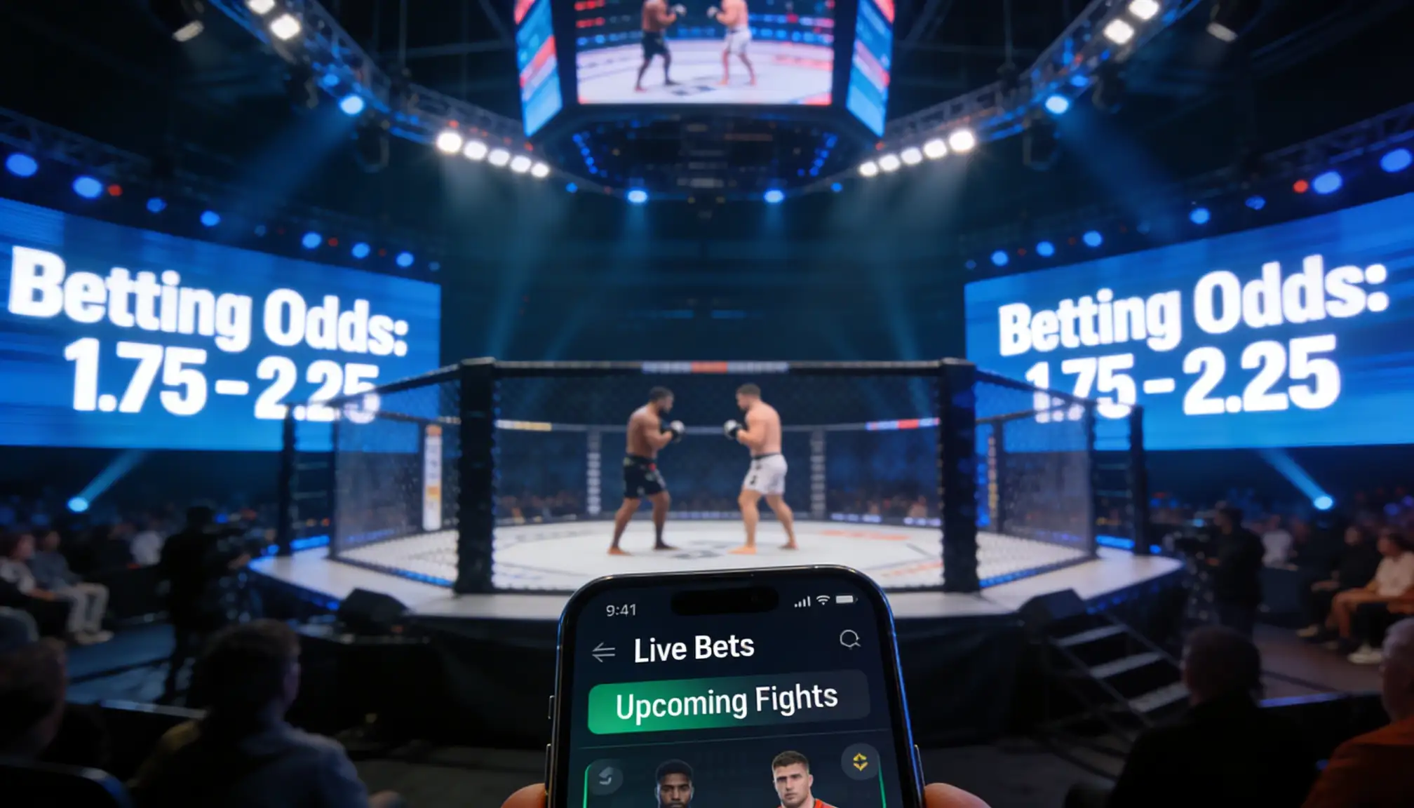 MMA-Kämpfer in einem Käfig mit blauer Beleuchtung bei einem Event