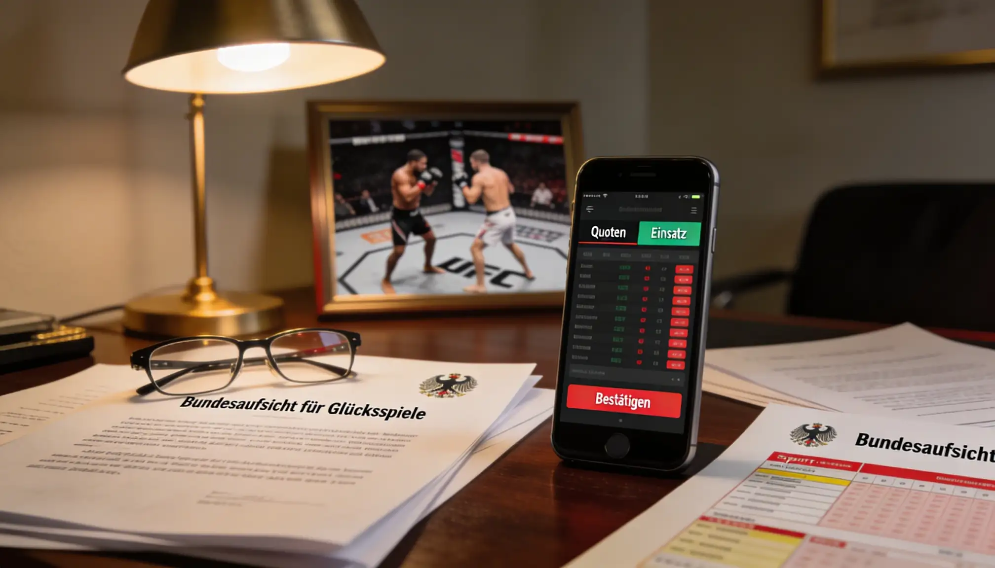 Dokument zum Glücksspielstaatsvertrag mit MMA-Symbolen und deutscher Flagge