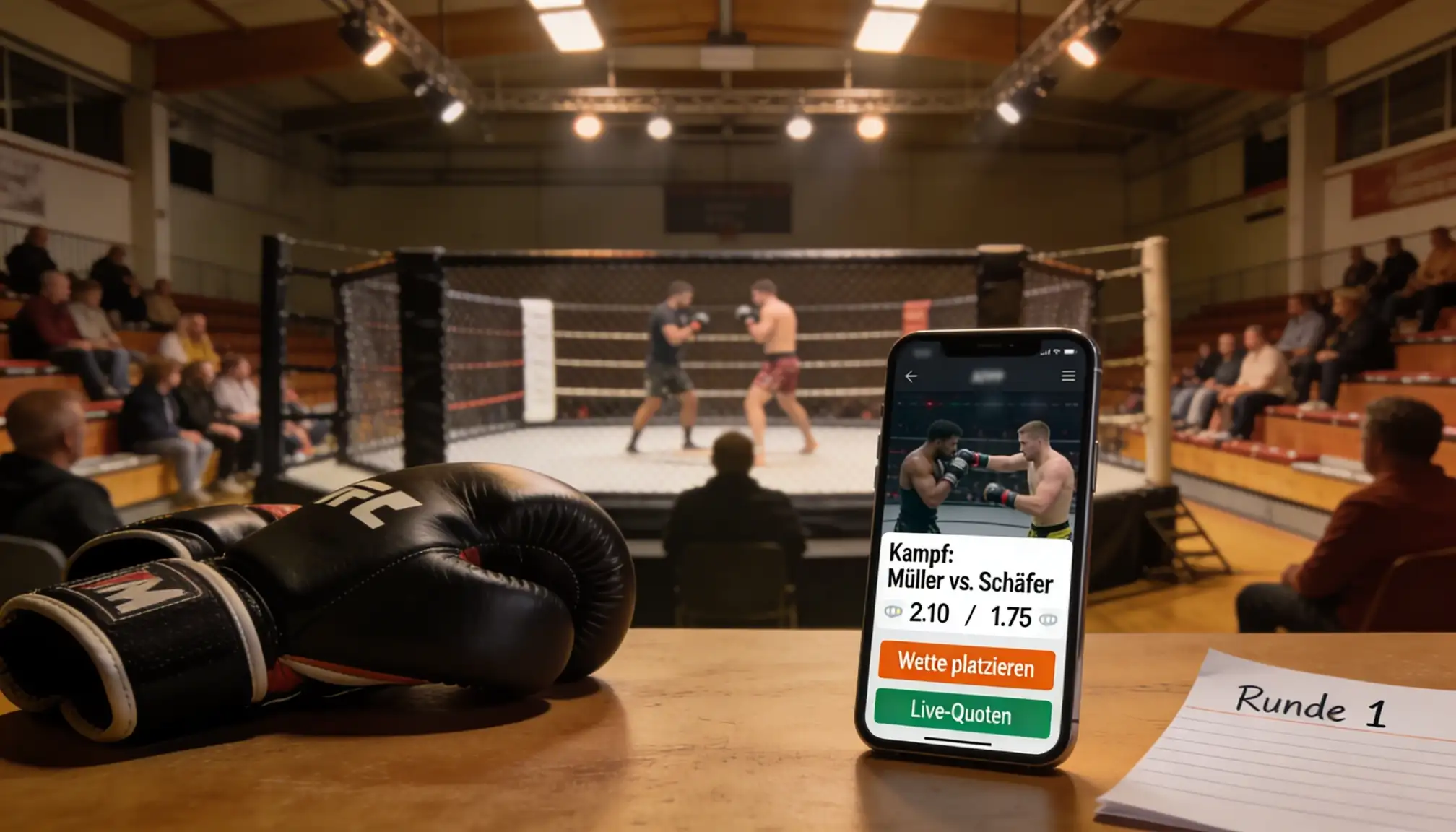Deutsche MMA-Veranstaltung in einer regionalen Sporthalle mit Käfig