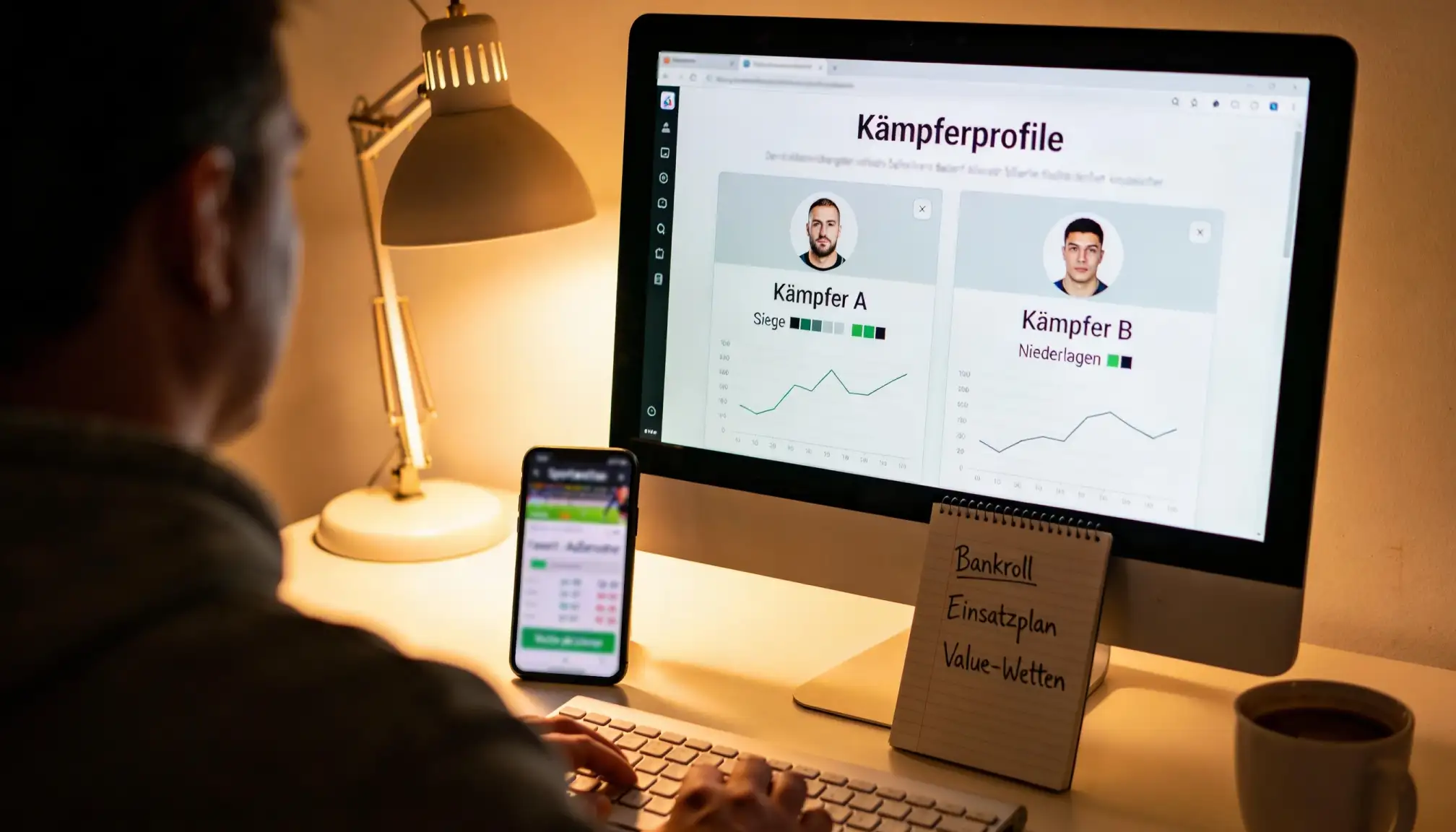 Analyst studiert MMA-Statistiken und Kämpferprofile auf einem Bildschirm