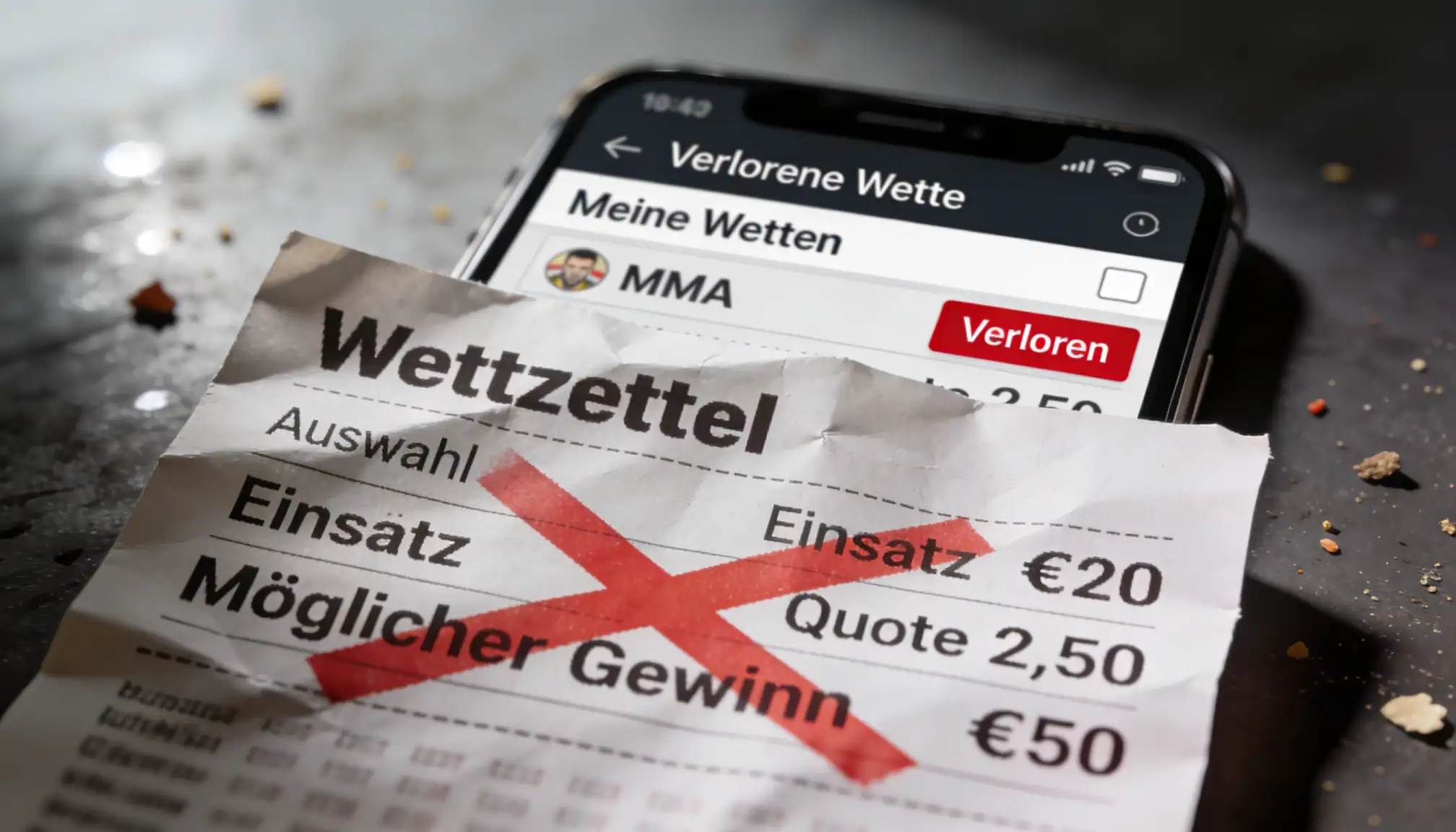 Durchgestrichener Wettschein mit rotem X-Symbol darüber
