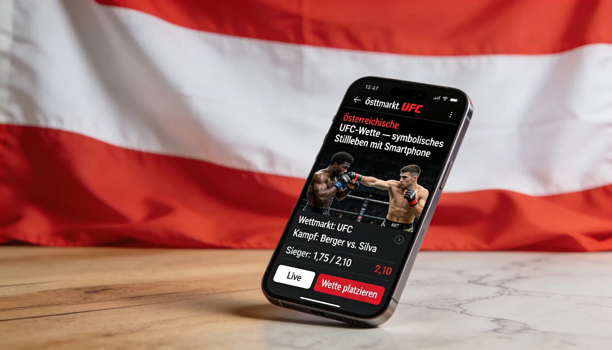 Österreichische Flagge neben MMA-Handschuhen auf einem Tisch