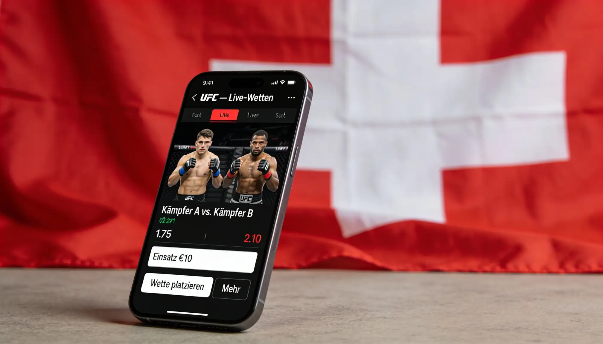 Schweizer Flagge neben MMA-Handschuhen auf einem Tisch