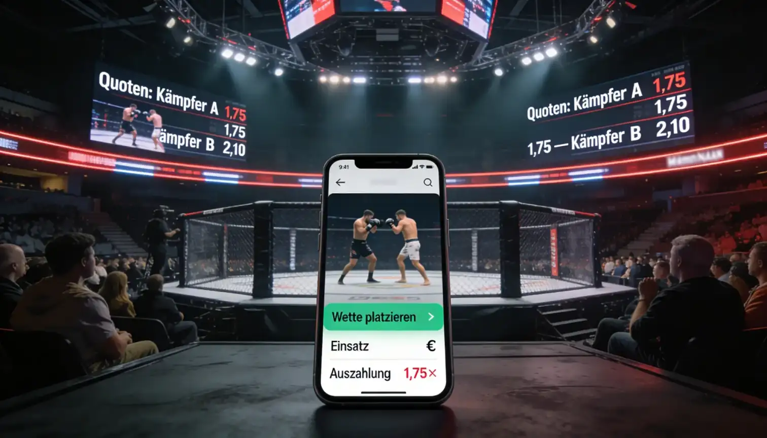 MMA-Event in europäischer Halle mit Publikum und beleuchtetem Käfig