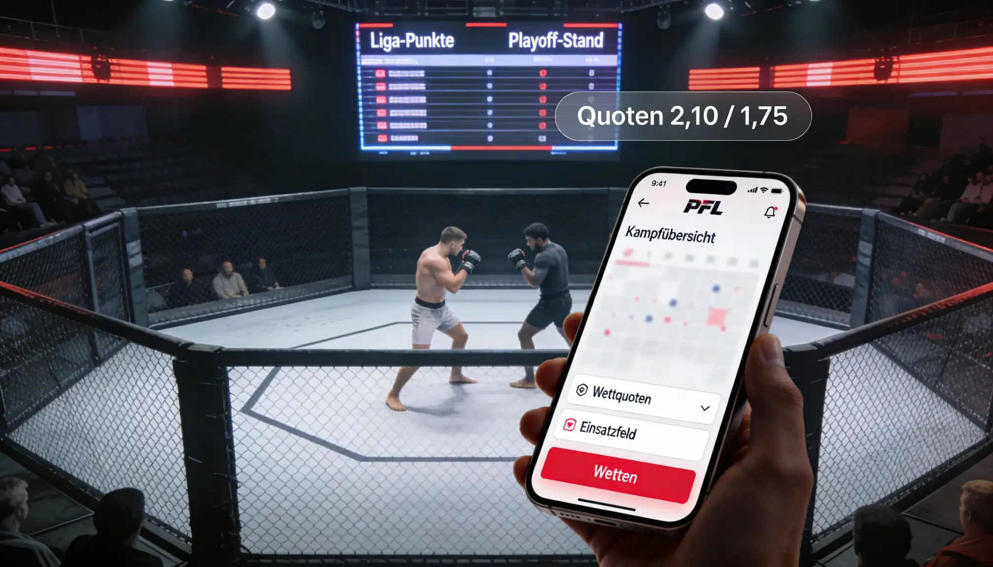 MMA-Käfig mit moderner Beleuchtung und Punktestand-Anzeige