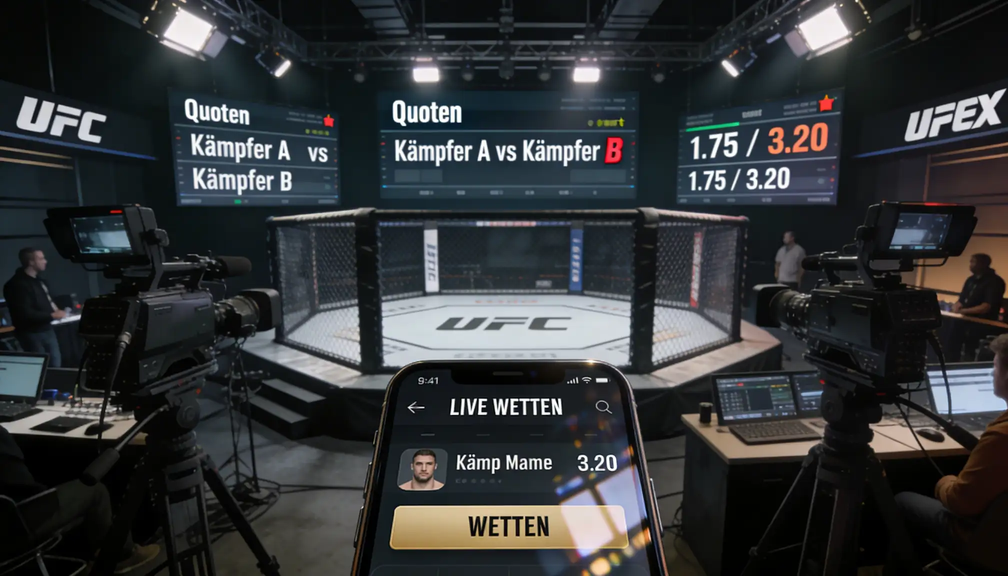 UFC Apex Facility mit leerem Oktagon und Produktionsausrüstung