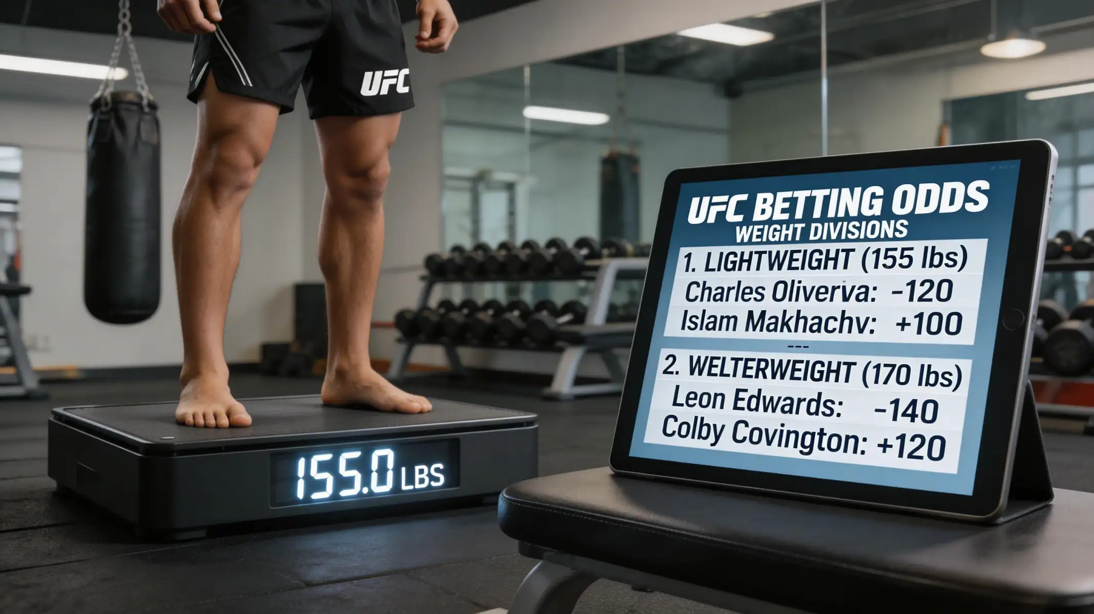 Digitale Waage mit MMA-Handschuhen und Trainingsausrüstung daneben