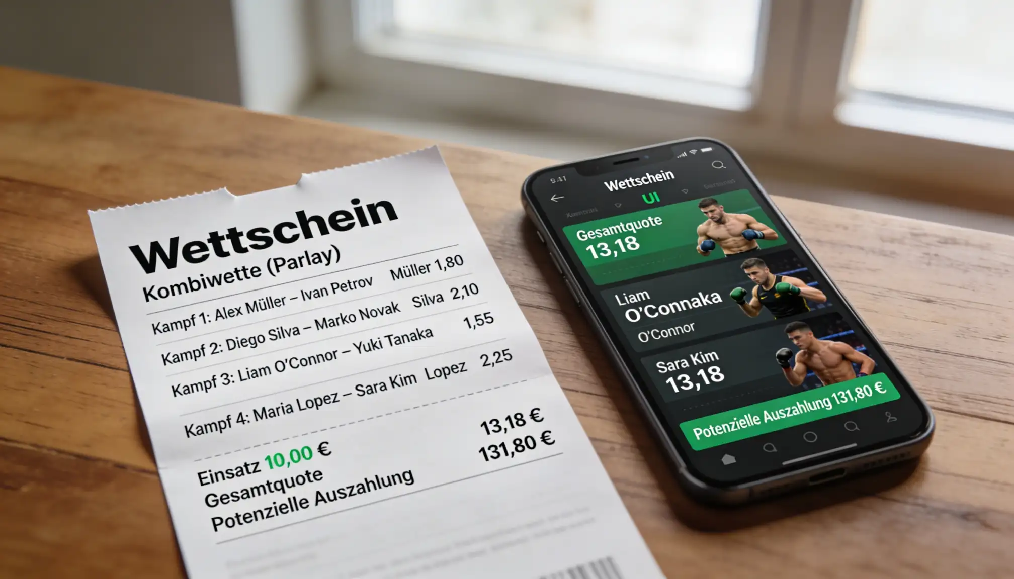 Wettschein mit mehreren MMA-Kämpfen und verbundenen Quoten