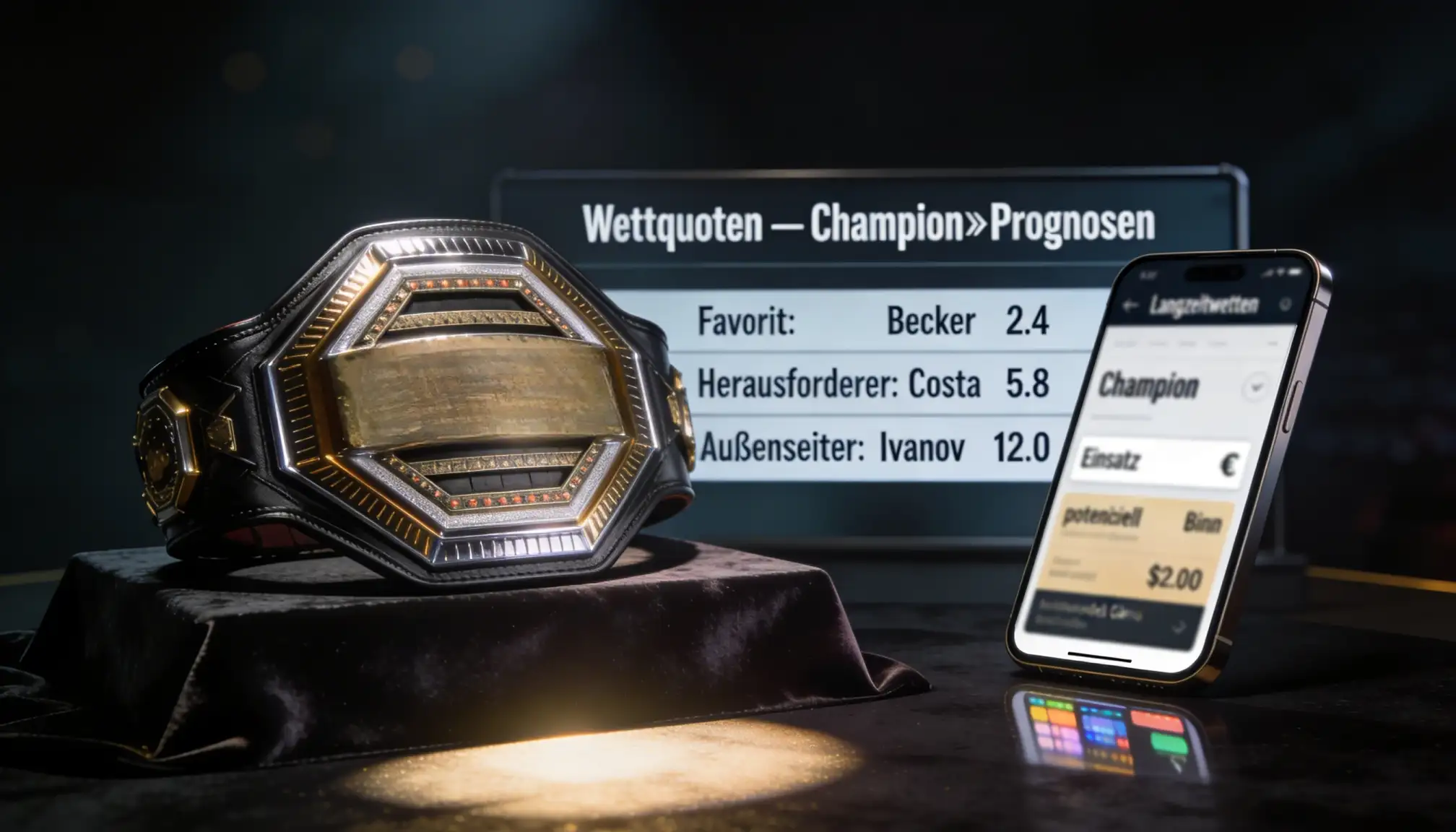 UFC-Meisterschaftsgürtel auf einem Podest mit Scheinwerferlicht