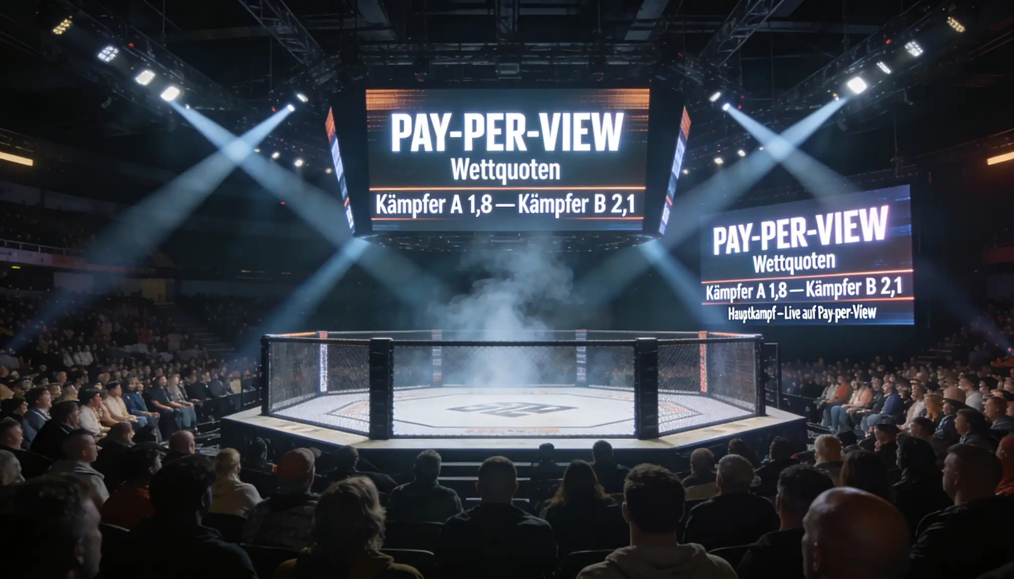 Volle MMA-Arena mit beleuchteter Käfig in der Mitte bei einem Event
