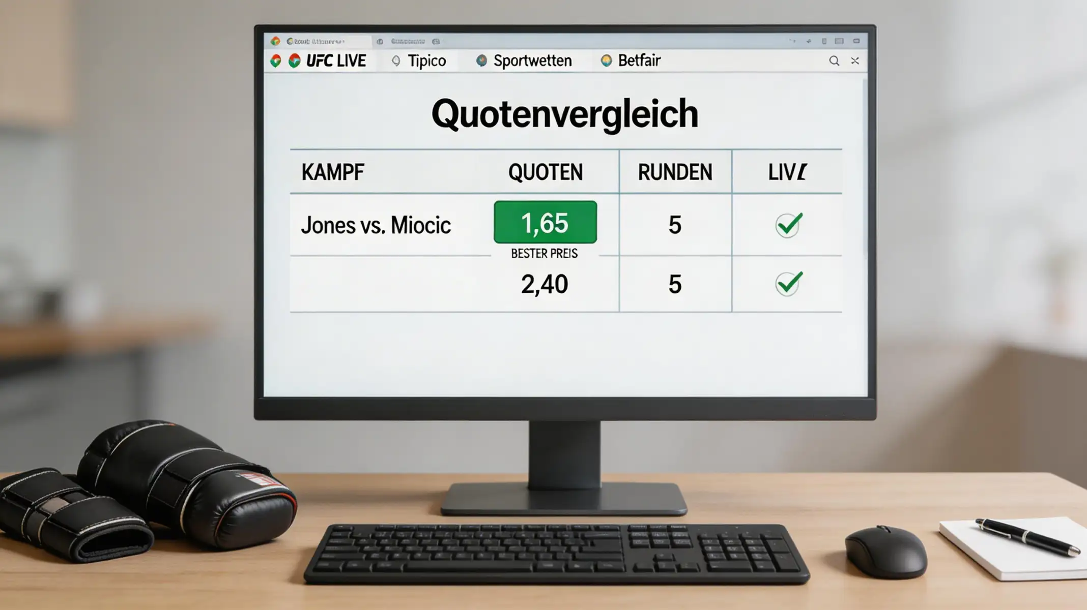 Mehrere Browser-Tabs auf einem Monitor mit verschiedenen Wettquoten