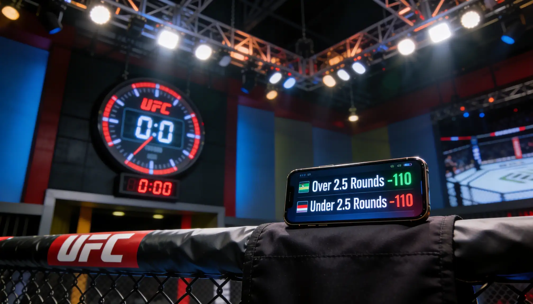 UFC-Oktagon mit Rundenuhr und Countdown-Timer sichtbar am Käfigrand