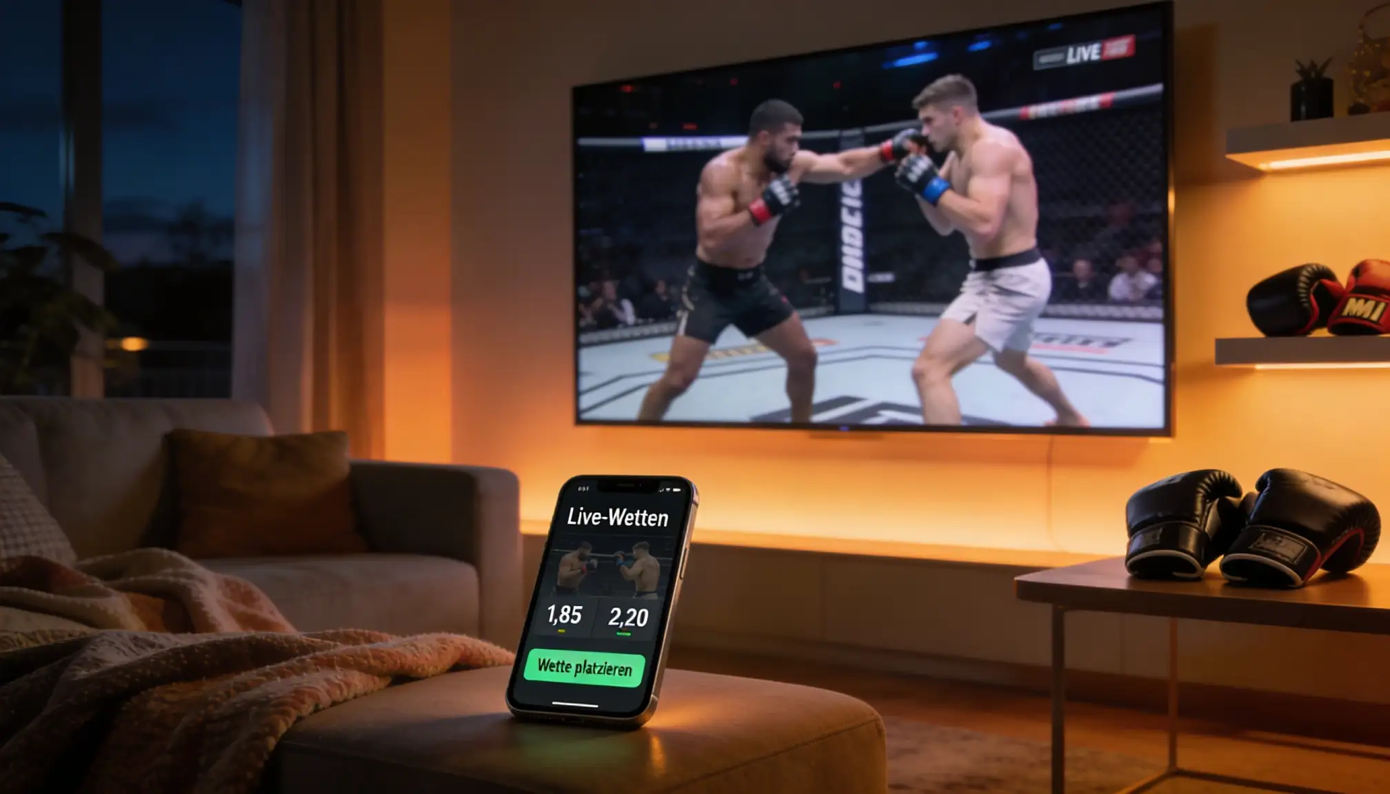 Fernseher im Wohnzimmer mit MMA-Kampf auf dem Bildschirm