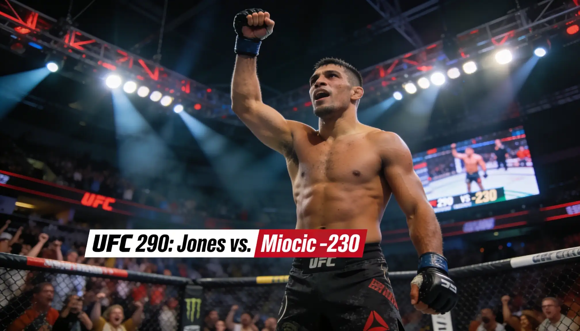 MMA-Kämpfer im Oktagon mit erhobener Faust nach einem Sieg