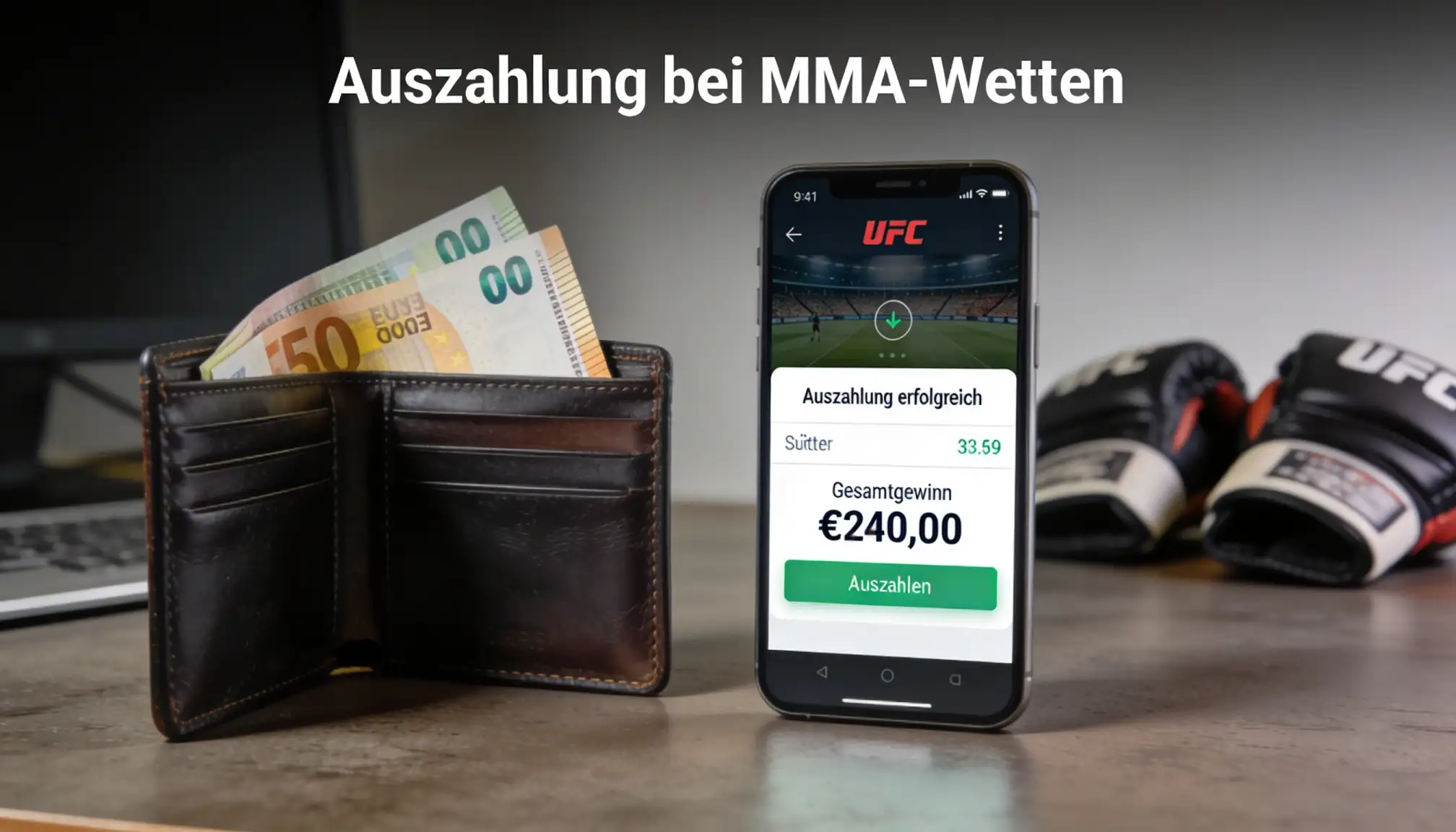Geldbörse mit Euro-Scheinen neben einem Smartphone mit Wett-App