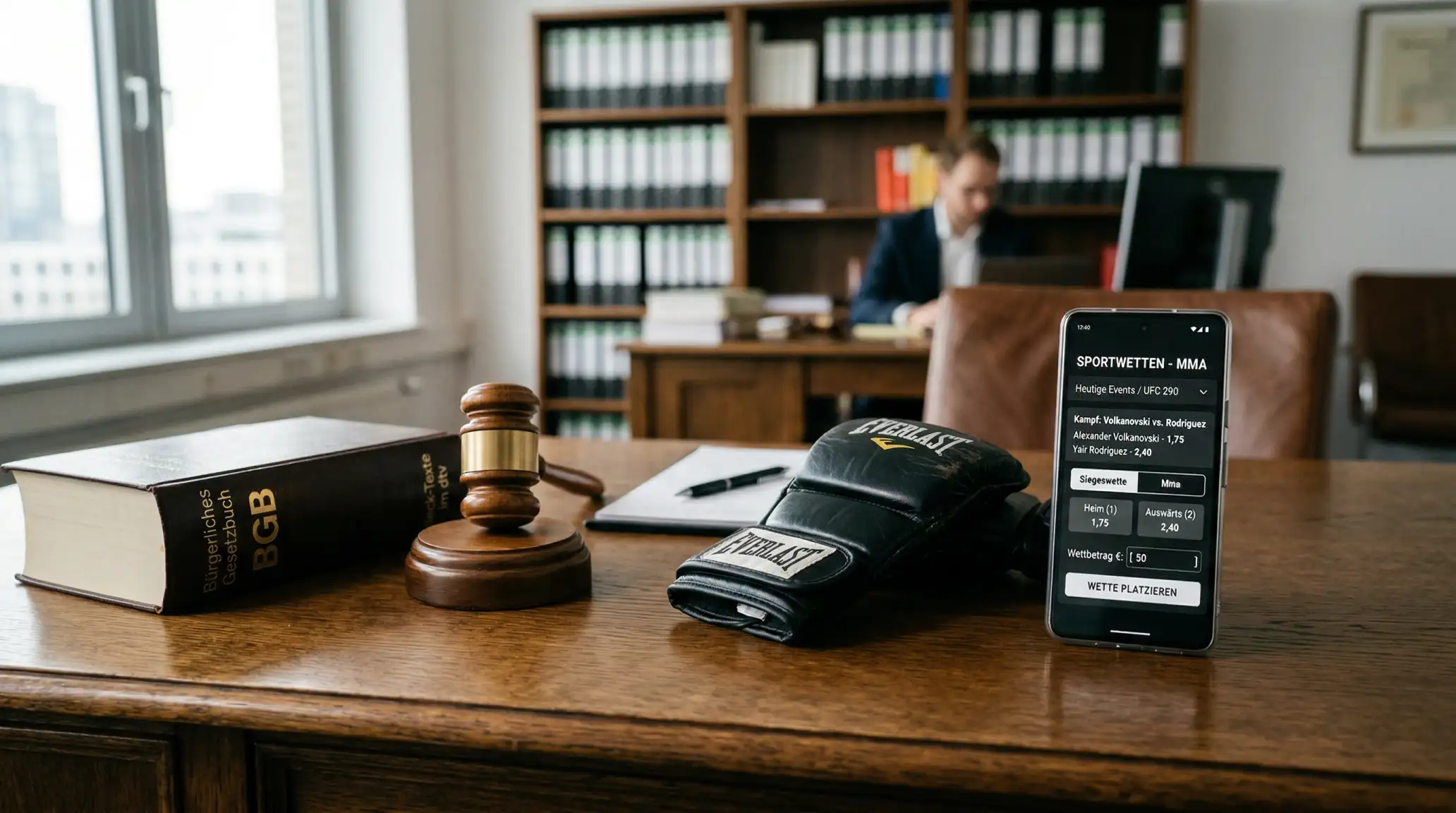 Deutsches Gesetzbuch mit Richterhammer auf einem Schreibtisch mit MMA-Handschuhen im Hintergrund