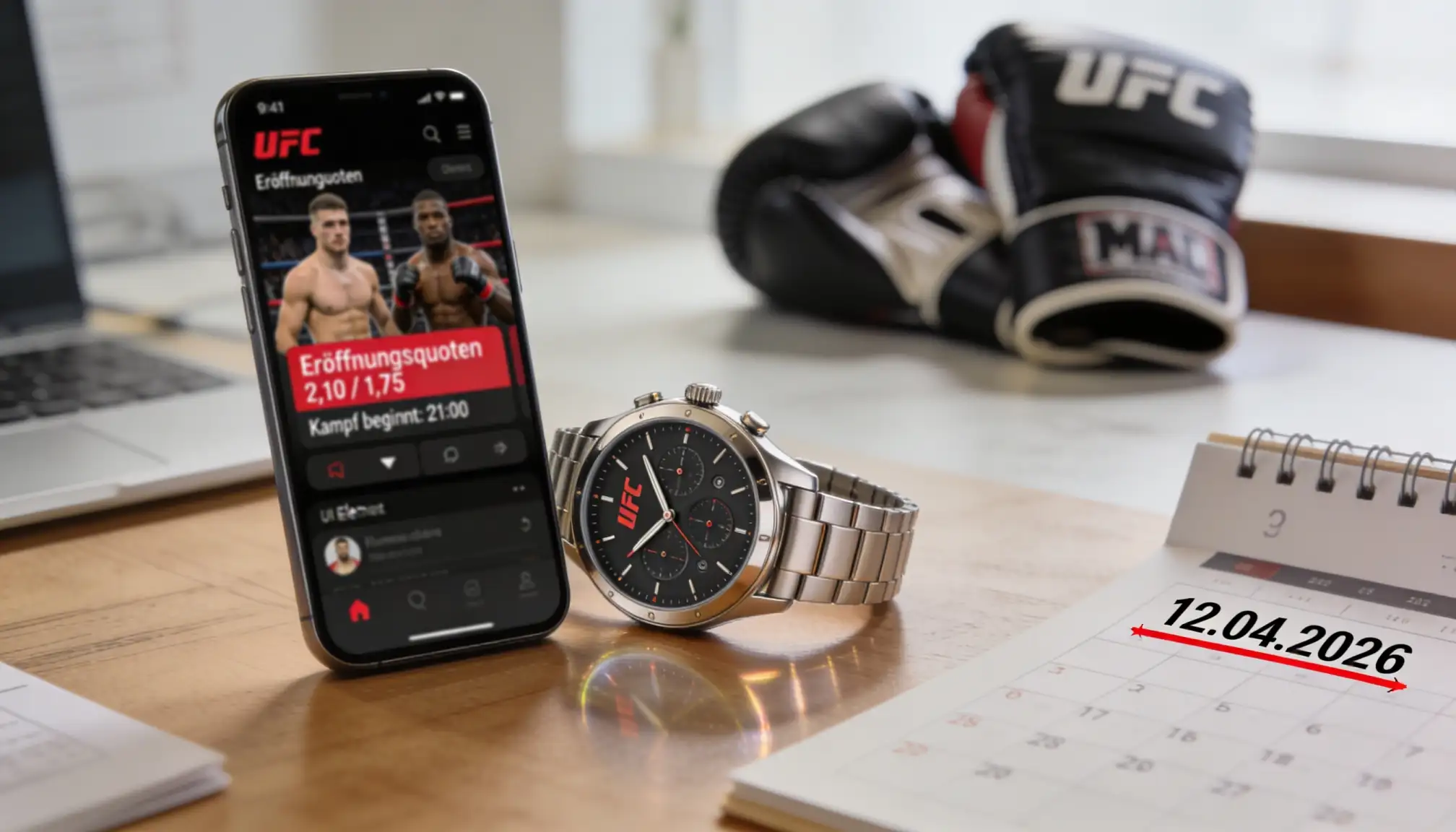 Armbanduhr neben einem Smartphone mit geöffneter Sportwetten-App