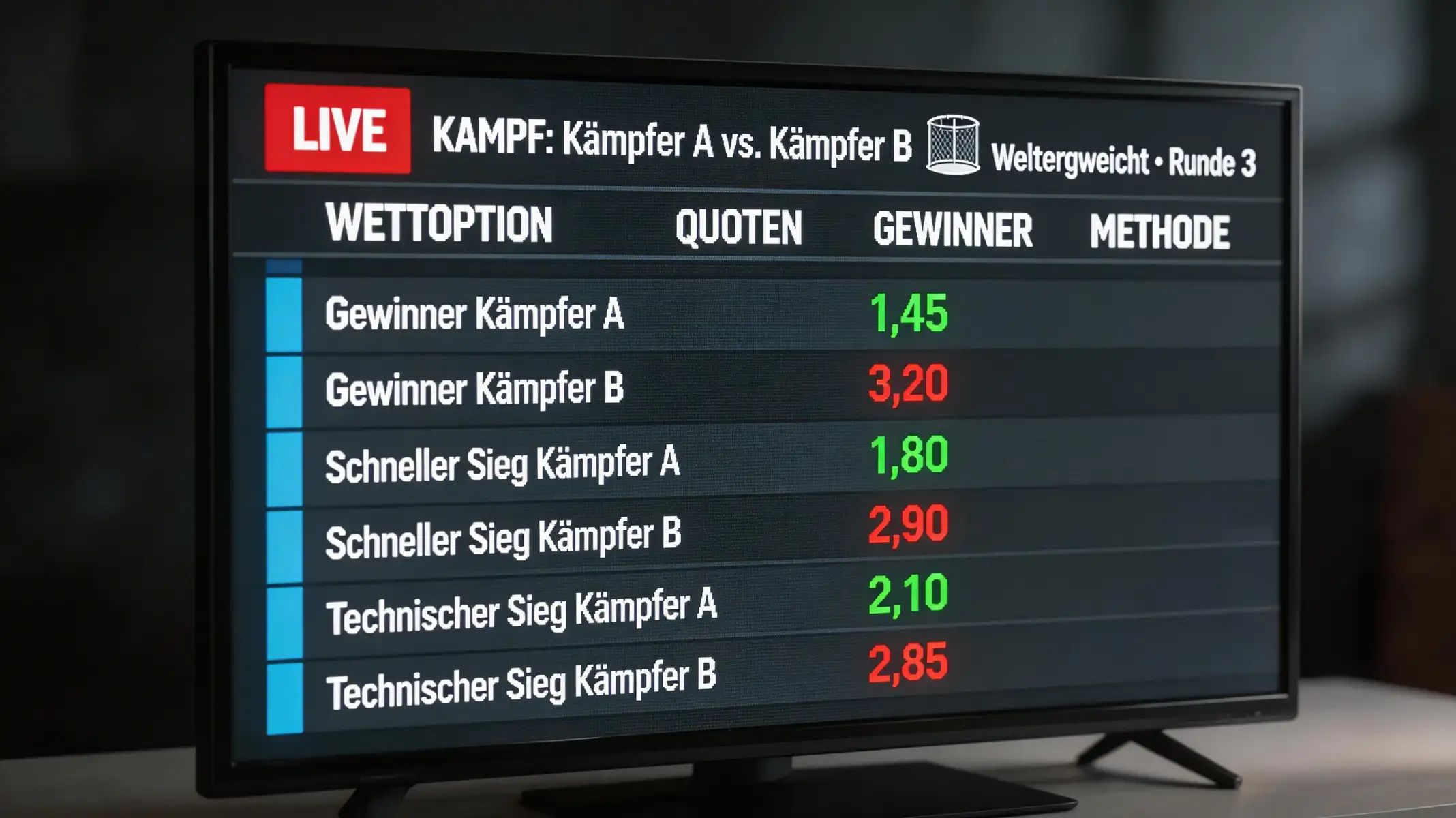 Sportwetten-Quotenboard mit hervorgehobenen Wettquoten und MMA-Motiv